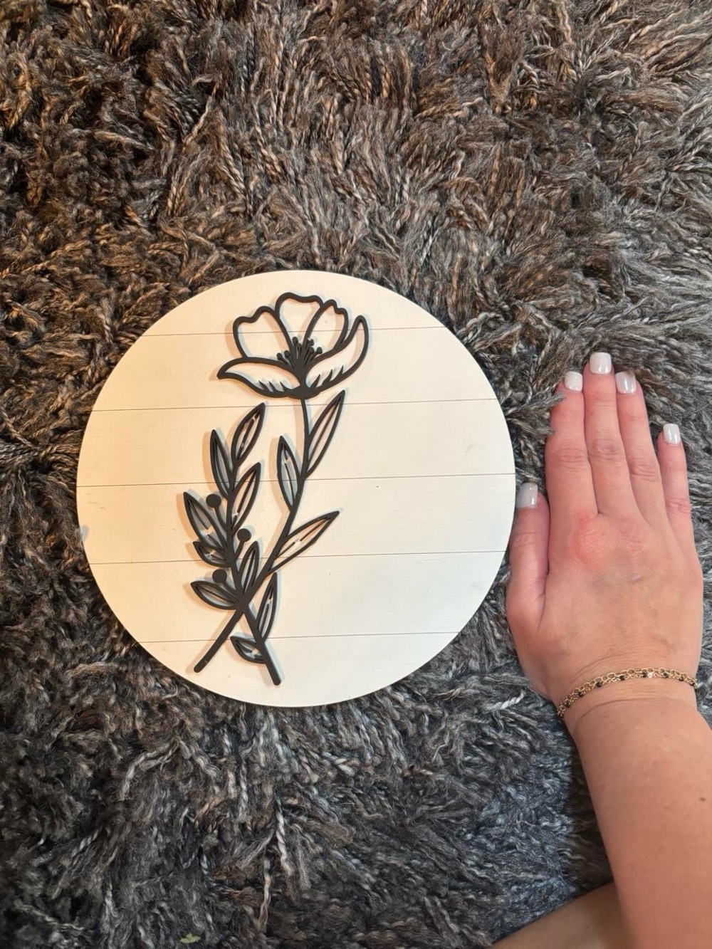 Handcrafted White Round Floral Wall Decor with Black Metal Accent